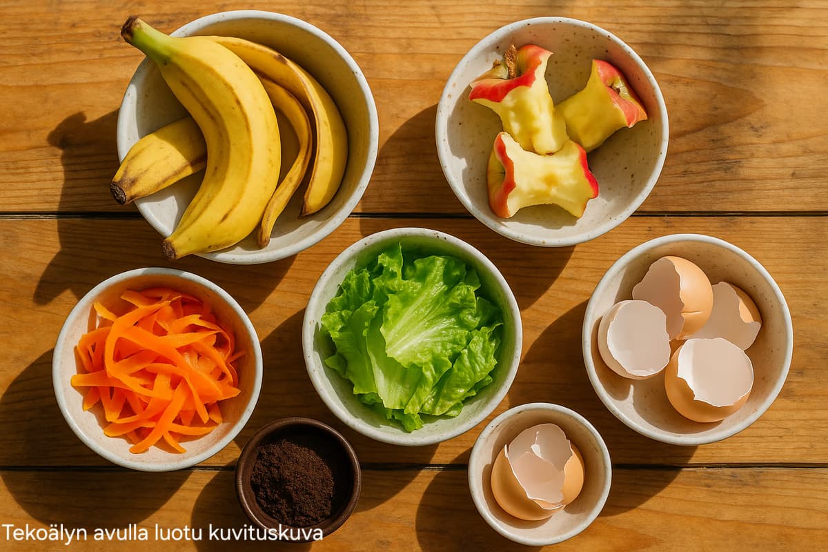 Erilaista biojätettä kipoissa