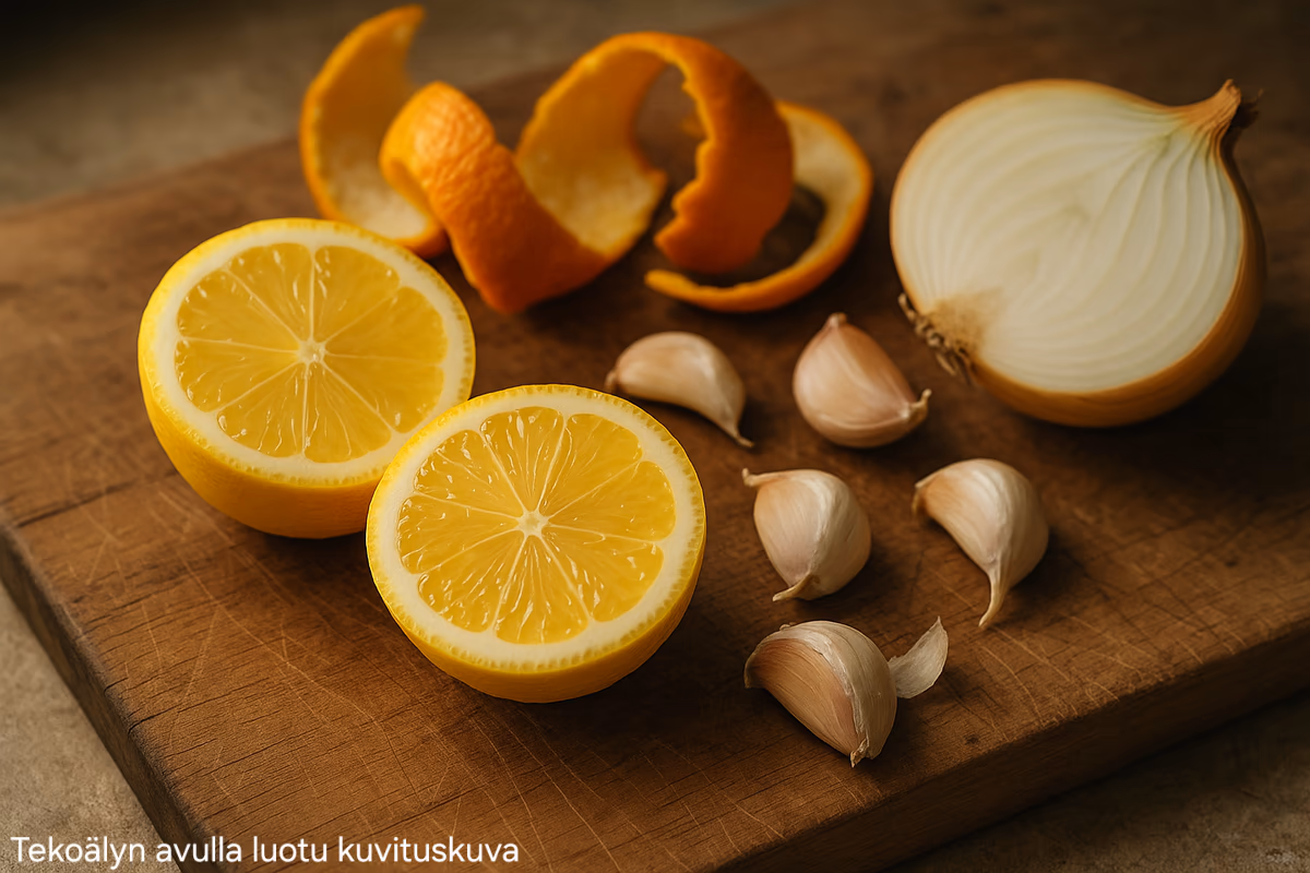 Kompostiin huonosti sopiva sitruuna ja sipuleita