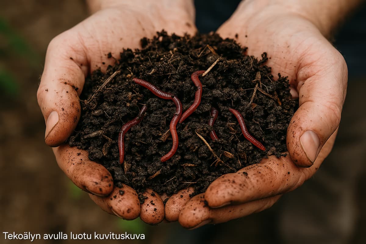 Matokompostin petimateriaalia ja kompostimatoja henkilön kämmenellä