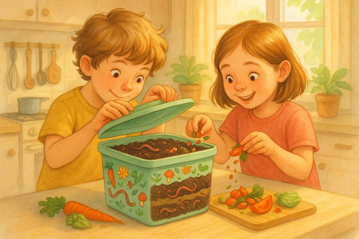 Lapset tutkimassa matokompostia