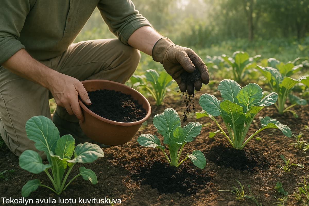 Puutarhuri ripottelee matokakkaa kasvie ympärille