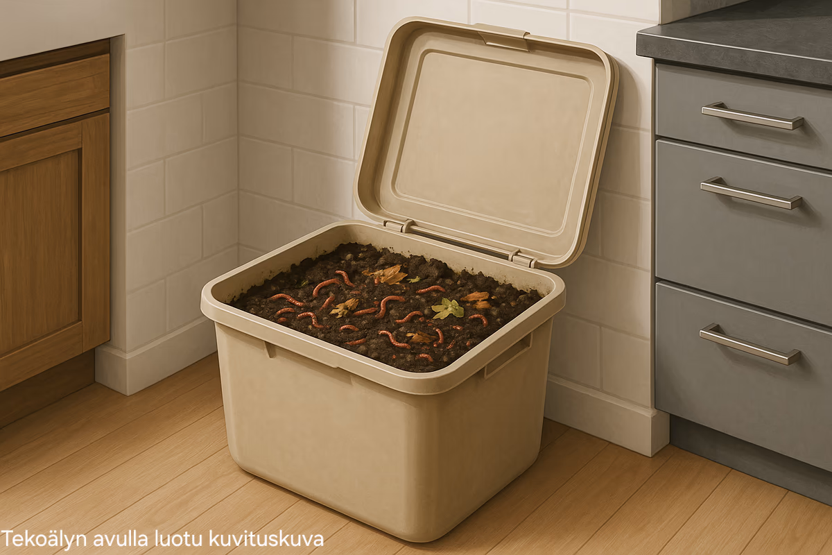 Matokompostiastia keittiön nurkassa