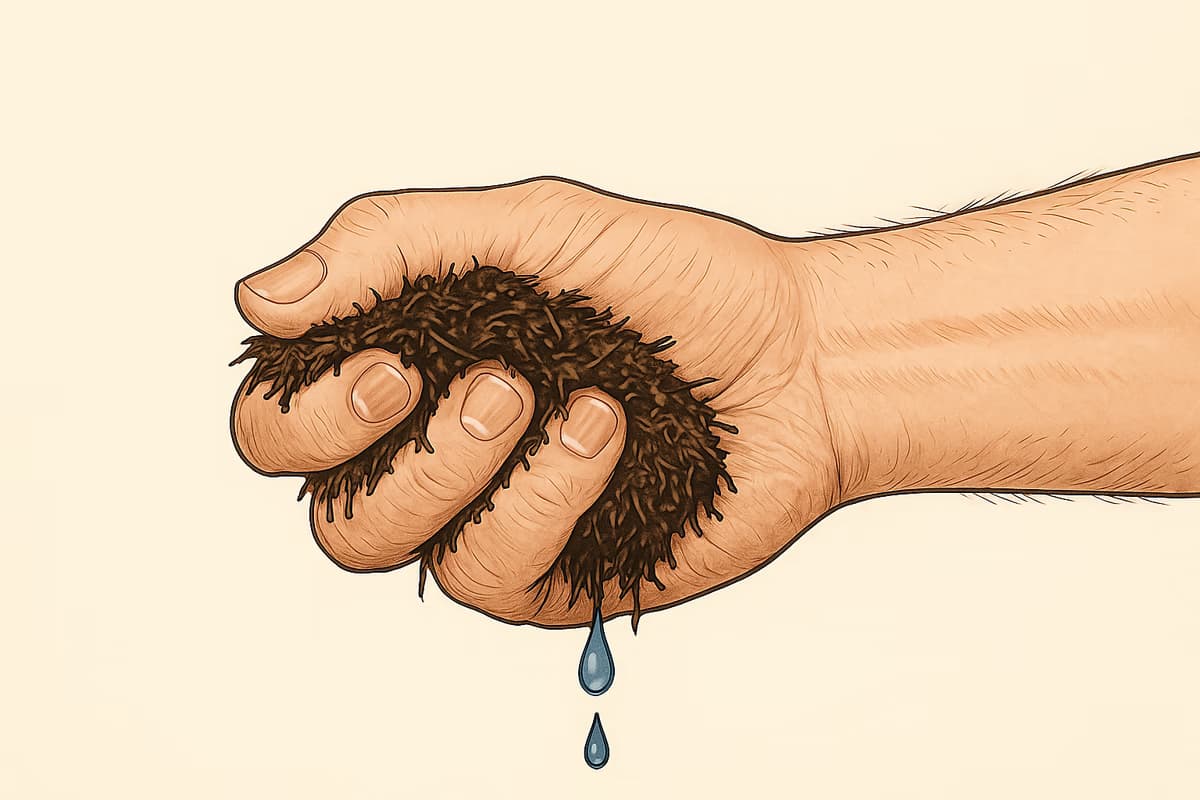 Kompostimateriaalin puristus kädessä. Pari pisaraa putoaa