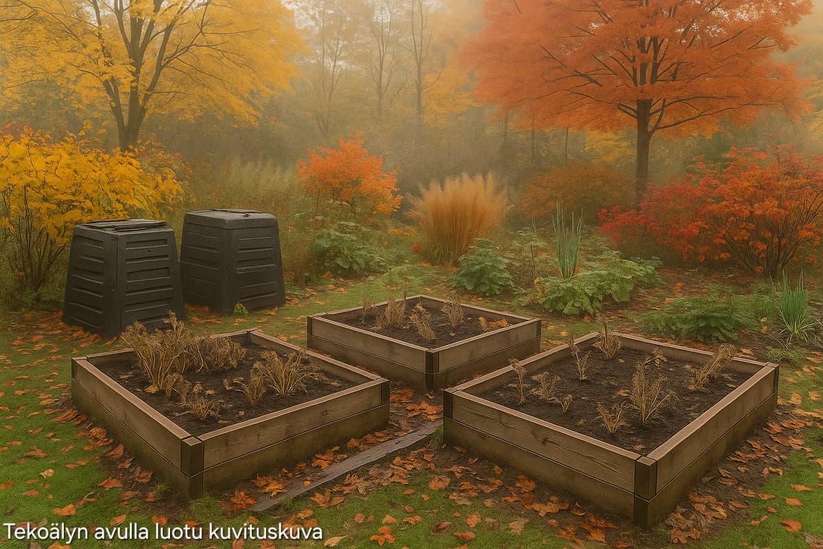Syksyinen puutarha, jossa näkyy kompostilaatikot ja istutuslaatikot