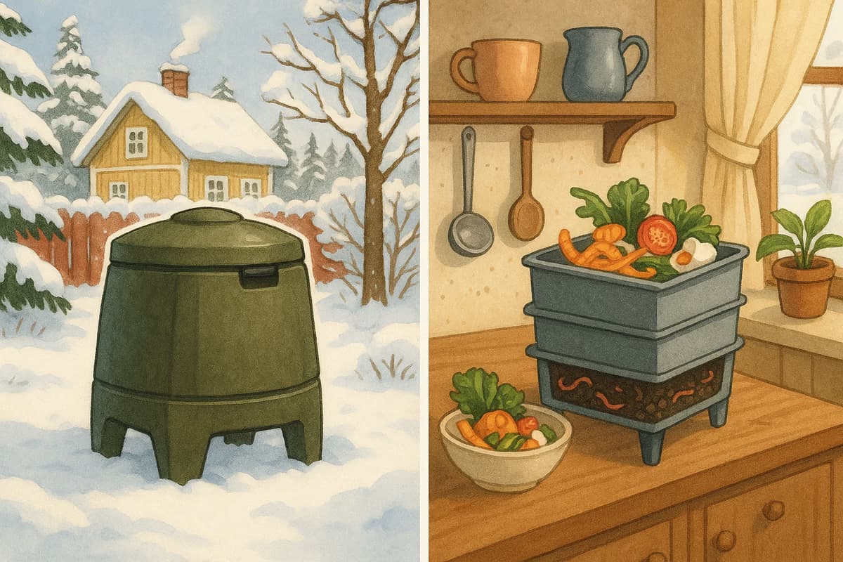 Piirroskuva lämpökompostorista pihalla ja matokompostorista sisällä